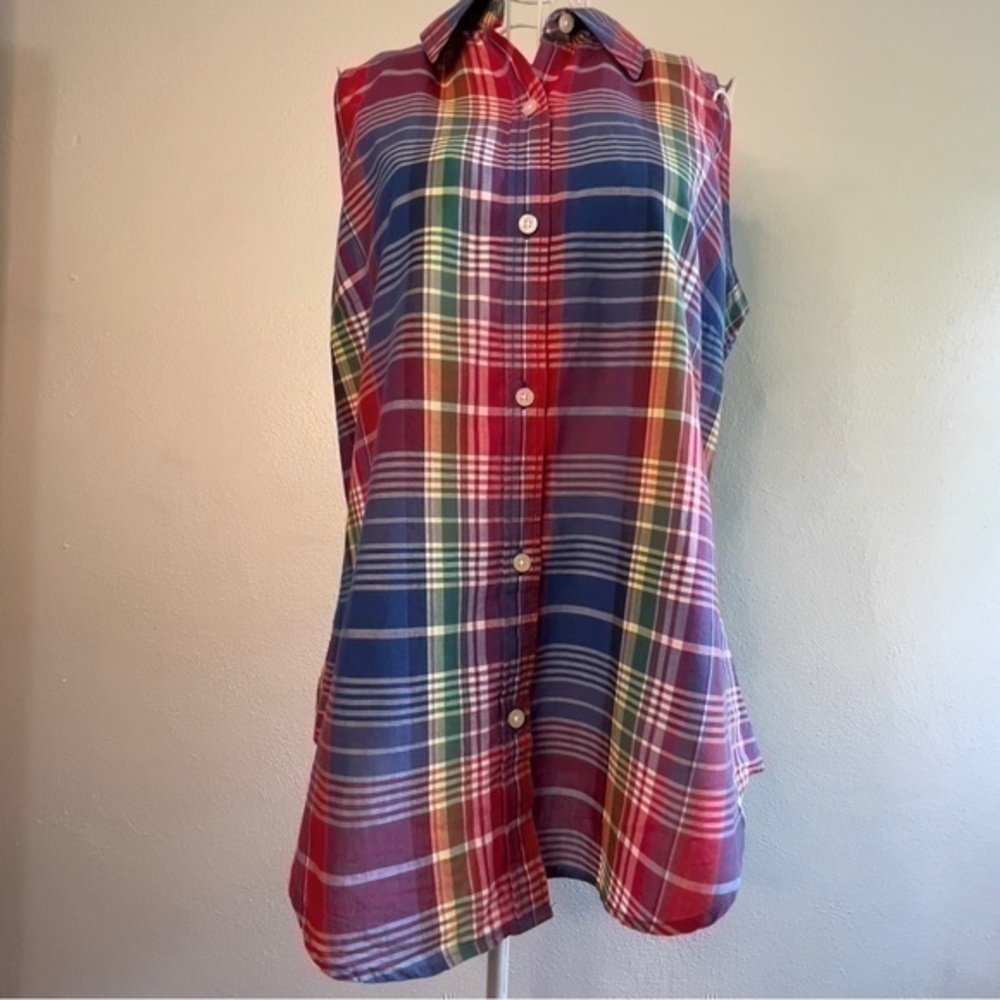 Chaps PL plaid sleeveless button-down shirt in bright primary colors. Like new.